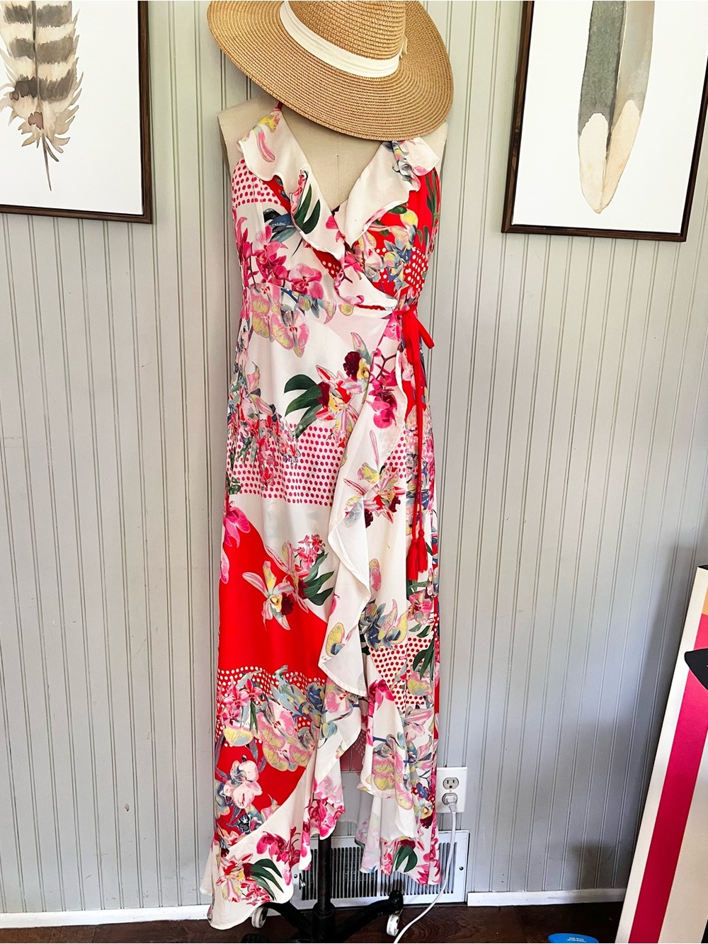 Flying Tomato Floral Contrast Ruffle Wrap Dress Sleeveless Halter Maxi Red